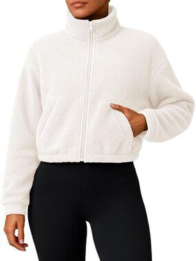 Women's White 100% Polyester Cropped Stand Collar Full-Zip Fuzzy Fleece Jacket